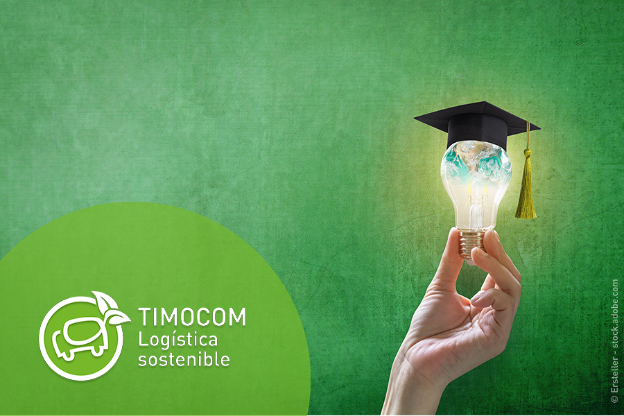 El logotipo «Green we can» de TIMOCOM muestra un camión verde que, en vez de tubo de escape, tiene una hoja.