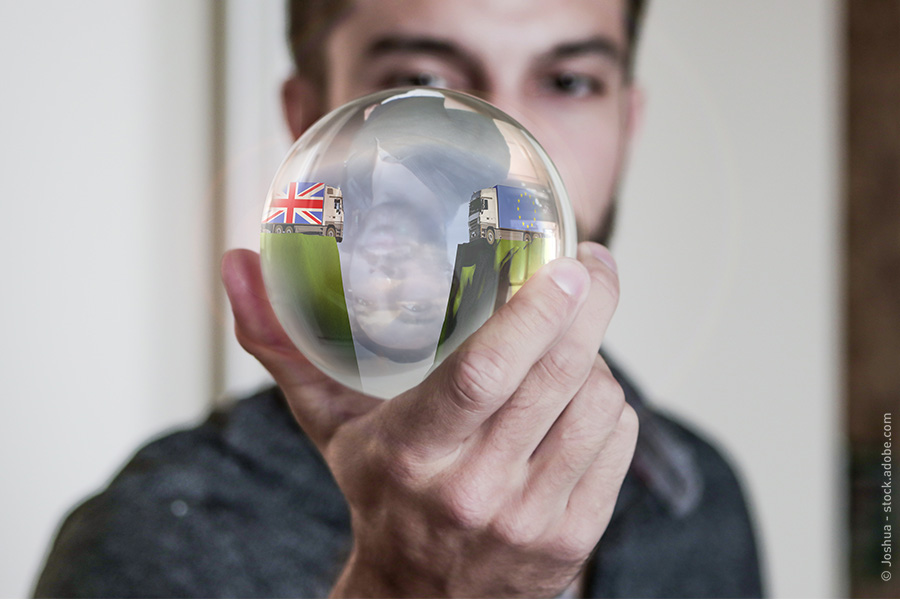 Un joven mira una bola de cristal en su mano. Muestra un camión con bandera británica y otro con la europea, y en medio hay un a