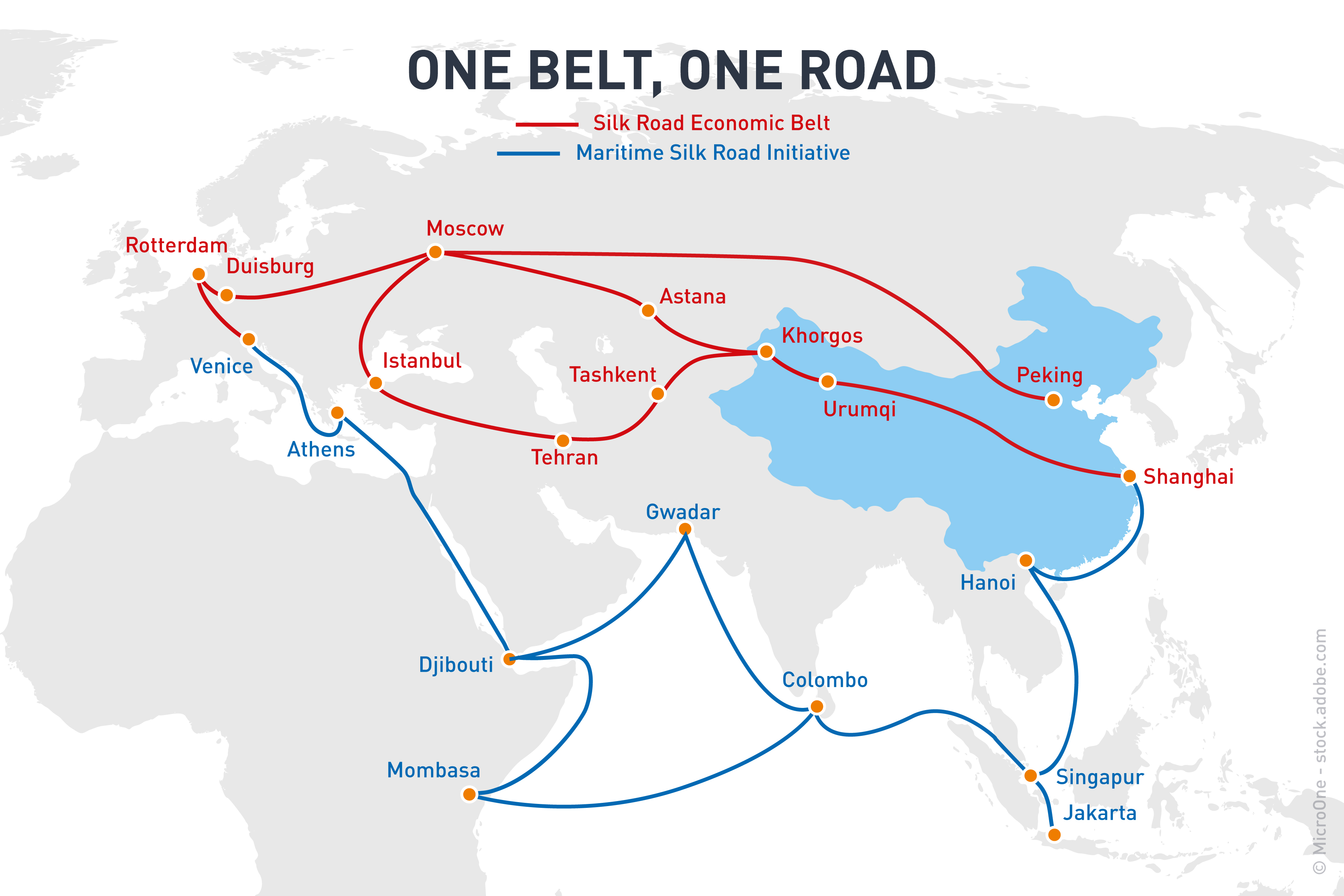Mapa de la nueva Ruta de la Seda China, Asia, Europa, África