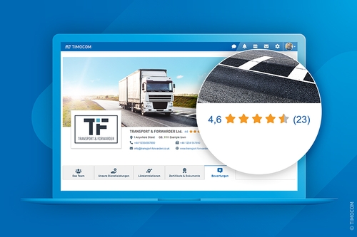 Pantalla de portátil con página abierta de valoraciones de socio de transporte en el marketplace de TIMOCOM