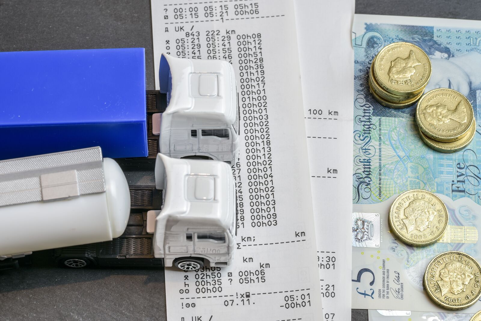Un camión modelo está sobre documentos del tacógrafo, rodeado de monedas y billetes.