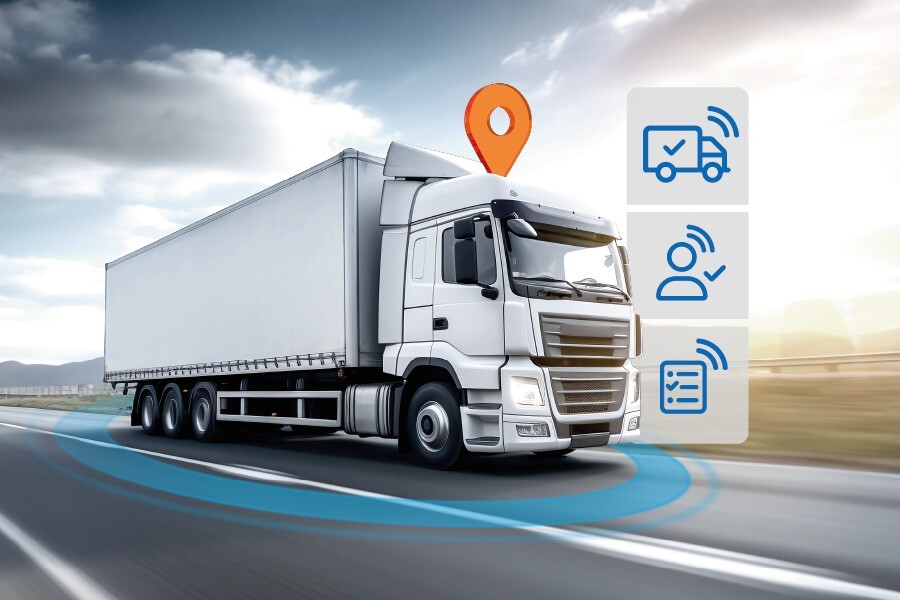 LKW con pin de marcado y varios símbolos de telemática